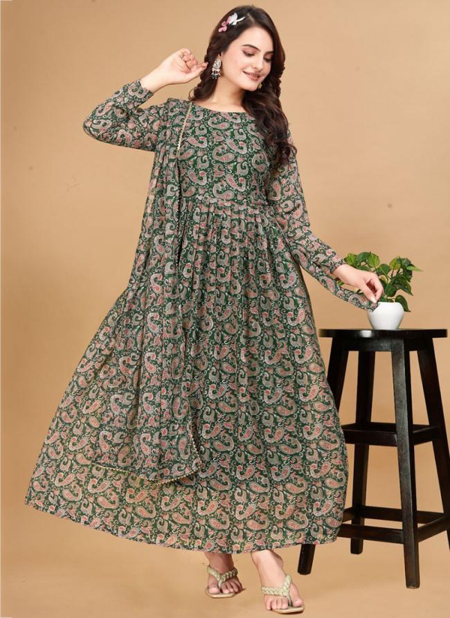 Georgette Green Casual Wear Printed Readymade Anarkali Suit